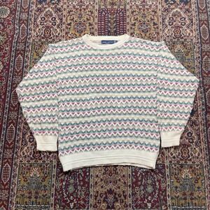 VTG 90s JOHN WEITZ Cream Green Striped Fair Isle Cotton Pattern Sweater L USA